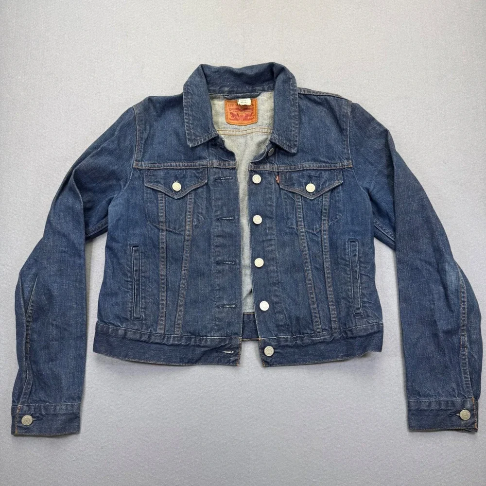 Levi‎ Strauss & Co Mens Dark Wash Denim Trucker Jacket Blue Cotton Size Large
